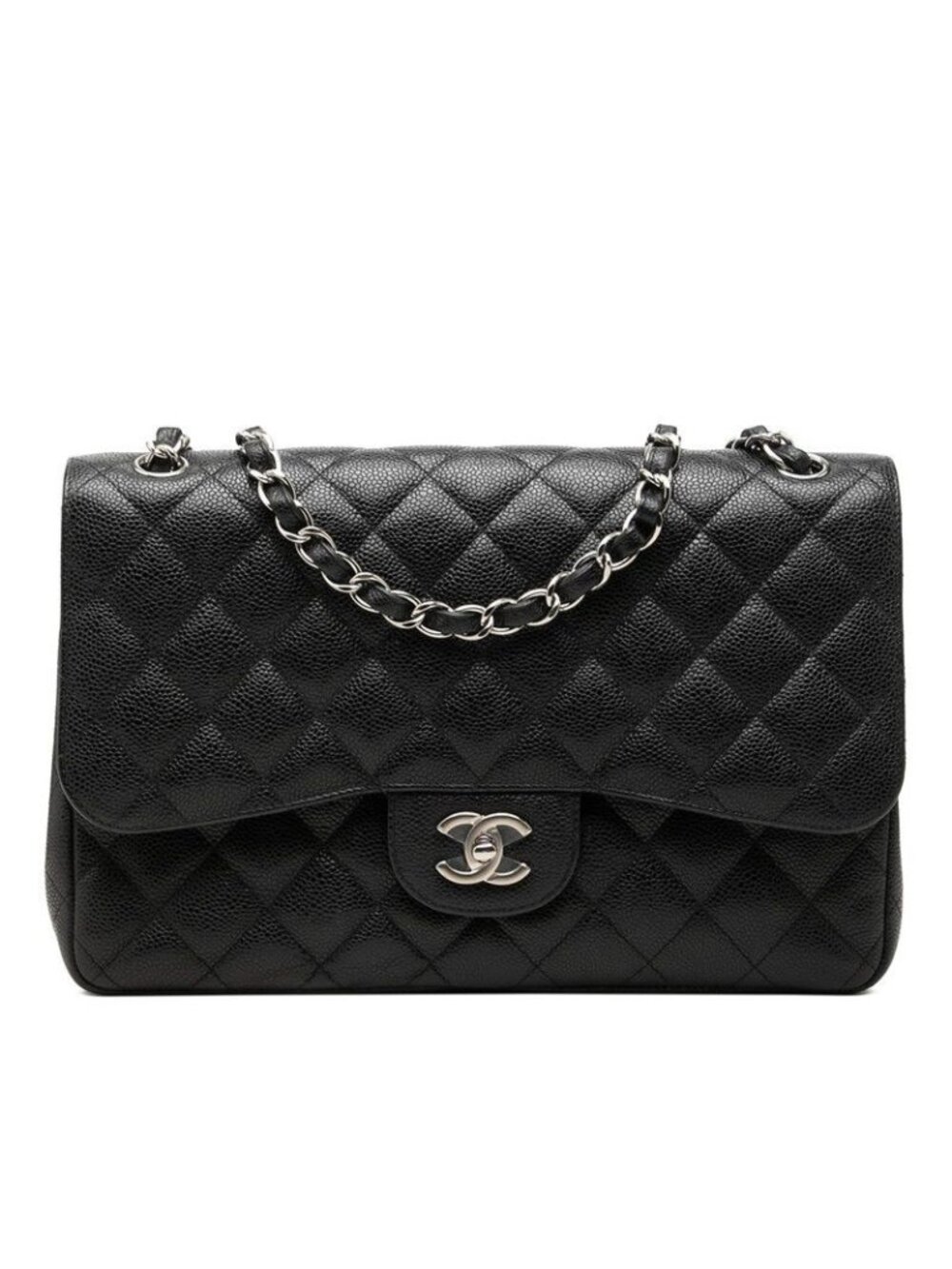 Chanel Quilted CC Logo Double Flap Chain Shoulder Bag Black Caviar Leather